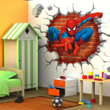 可移除墙贴3d蜘蛛侠破墙动漫儿童房卧室背景墙壁贴纸贴画外贸款