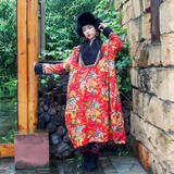 原创制作中国民族风女装秋冬装棉麻中长款加厚棉衣大码唐装外套花