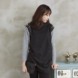 韩国代购2016JAN新春季女装大码宽松拼色钉珠拼接打底高领长袖T恤