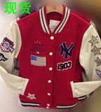 MLB皮袖棒球服女外套短 NY星星红色棒球上衣 2016春新款外套夹克