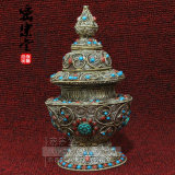 藏传佛教密宗用品 供品 尼泊尔手工掐丝镶嵌宝石米壶 米盒高18cm