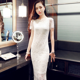 2016春秋季新款夏韩版女装气质长裙蕾丝连衣裙修身短袖白色一步裙
