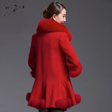 中长款大红色羊毛呢子大衣毛呢外套女士狐狸毛领羊绒大衣女加厚