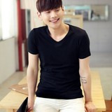 韩国ulzzang夏装男士V领短袖运动T恤韩版修身纯色薄款打底体恤潮