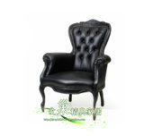 法式实木单人沙发椅 书房椅子 黑色美式休闲会所老虎椅真皮扶手椅