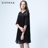 Zopin/作品2016夏季新款优雅气质透视蕾丝拼接五分袖A字型连衣裙