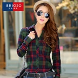 BRIOSO2016春装磨毛格子衬衫 女长袖韩版修身打底衫大码衬衣女装