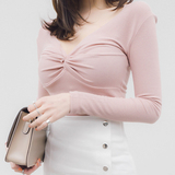 性感深V领显胸上衣服韩国长袖t恤女装秋装2016新款紧身打底衫短款