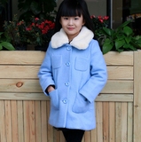 童装冬季加厚蓝色羊毛呢子外套女童韩版高档修身毛领呢子长款大衣
