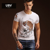 UBV2016新款男士短袖t恤修身个性丝光棉印花老虎紧身潮男半袖小衫