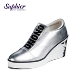 Suphier苏菲尔2016新品字母潮单鞋真皮坡跟休闲女鞋内增高坡跟