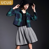UCUG2016春装新款毛呢格子长袖学生韩版小香风短款女式风衣外套