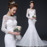 婚纱礼服新款2016春季韩式新娘结婚一字肩长袖鱼尾小拖尾婚纱修身