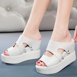 盾狐2016夏季新款时尚厚底松糕跟白色拖鞋韩版坡跟高跟女鞋凉拖潮