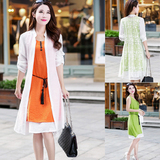 春夏韩版女装时尚棉麻连衣裙夏中长款修身蕾丝披肩两件套装裙子