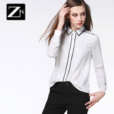 ZK黑白拼接撞色修身雪纺白衬衫女装长袖时尚百搭衬衣2016春季新款