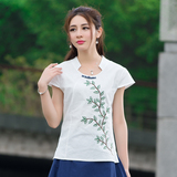 民族风女装春夏装棉麻短袖T恤中国制作复古绣花打底衫中式上衣花