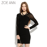 zoeann 连身裙女裙优雅性感黑色袖子透视长袖修身显瘦女装连衣裙