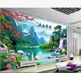 高清瀑布山水风景3D立体墙纸电视背景墙纸客厅卧室无缝壁画壁布