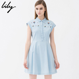 Lily2016夏装新款女装修身钉珠装饰短裙牛仔连衣裙115210S7801