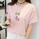 夏季韩版可爱动物卡通印花百搭韩范学生18-24周岁粉色宽松t恤女潮