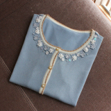 日单独家春新钉珠钻蓝蕾丝缎带花朵气质淑女装针织开衫线衫薄外套