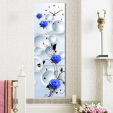 蓝色玫瑰立体3D三联画钟表静音时针客厅玄关装饰画竖版无框画挂钟