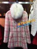 代购专柜正品ROME罗燕女装折扣2015冬大毛领粉色格子羊毛呢大衣