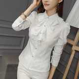 彩黛妃2016春装新款女装韩版时尚长袖白色修身荷叶边衬衫打底衫女