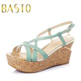 BASTO/百思图夏季专柜同款羊皮（绿色牛皮）坡跟女凉鞋TBZ03BL5