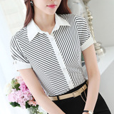 职业条纹衬衫女短袖夏季 韩版修身百搭衬衣办公室大码工作服衬衫