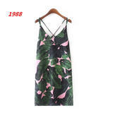 1988女装批发 原单货 性感V领露背夏威夷度假风 粉底芭蕉叶吊带裙