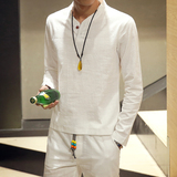 春季日系复古亚麻男士长袖T恤套装韩版修身青年麻料体恤男装大码