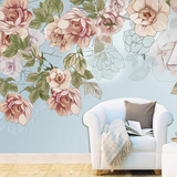 手绘淡雅卧室温馨花卉电视背景墙壁纸欧式田园客厅3d立体大型壁画