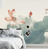 现代中式水墨荷花电视沙发卧室背景墙纸大型壁画自粘防水无纺PVC