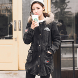 1659  2015新品冬装中长款牛仔外套加厚保暖收腰韩版深色牛仔衣女