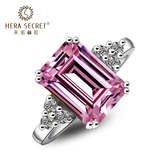 欧美HERA粉色方形宝石戒指女5克拉仿真粉钻银饰指环奢华贵妇珠宝