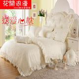 韩式4四件套纯棉贡缎提花婚庆白色床裙床罩被套公主花边床上用品