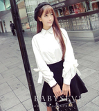 2016秋季韩版蝴蝶结灯笼袖白色长袖衬衫清新女宽松气质文艺衬衣
