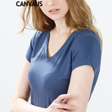 canvaus2016春装新款大码高弹纯色v领修身打底莫代尔t恤女短袖