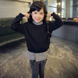 2016女童春装新款韩版假两件加绒套头卫衣 黑色显瘦长袖上衣T恤