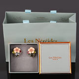 法国代购Les Nereides粉花耳钉/耳挂/耳夹925银针花朵珐琅釉耳环