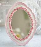 韩国公主唯美小清新台式化妆镜欧式壁挂梳妆镜粉色玫瑰花 镜子J18