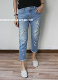 韩国MINI BRAND浅蓝色9分好裤型大破洞薄款显瘦boyfriend 牛仔裤