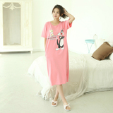夏季新款韩版女士睡衣纯棉大码宽松家居服猫和老鼠长款短袖睡裙