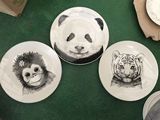 创意餐具出口外贸陶瓷盘碗杯 卡通熊猫狮子猩猩三件套