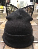 韩国进口明星款热卖官网蕾丝猫耳朵针织帽毛线帽