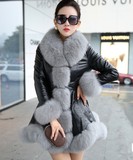 冬季新款韩版修身PU棉衣中长款羽绒棉服 大码女装仿皮草毛领外套