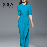 XSA2016夏装新款欧美大码女装修身显瘦纯色长裙短袖连衣裙中长款