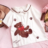 定制款夏季森林系衬衫可爱卡通小熊刺绣童趣短袖娃娃衫娃娃领特惠